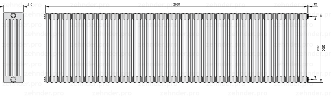 Схема (чертеж) Радиатор Zehnder Charleston 6250/60 №7610 Белый глянцевый RAL 9016